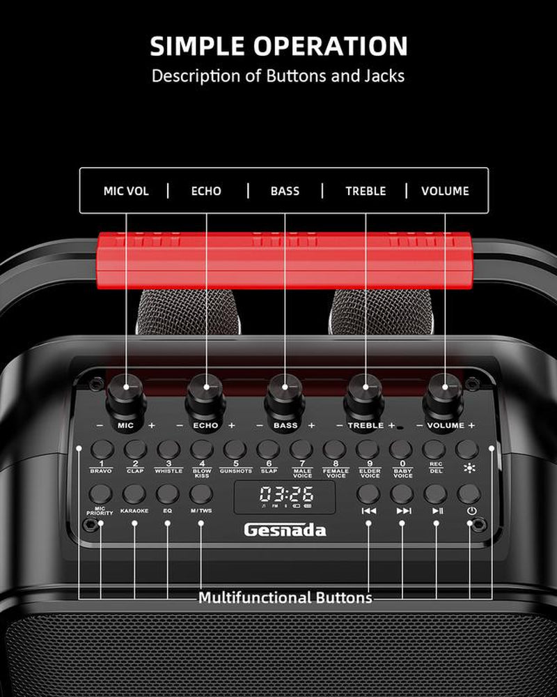 Karaoke Machine for Adults & Kids with Full-Screen LED Lights, Portable BT Speaker with 2 Microphones, Bass/Treble Adjustment, Supports TWS/FM/AUX/USB/TF Card for Home Party
