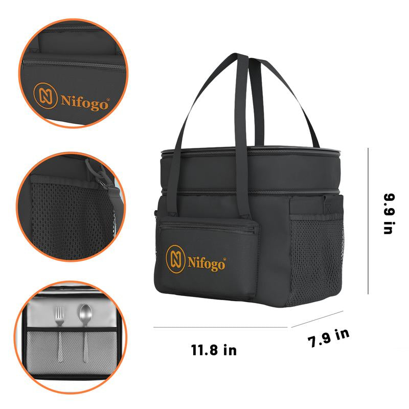 Nifogo Insulated Lunch Bag for Women Men Reusable Lunch Box for Office Picnic Hiking Beach Leakproof Cooler Tote Bag Organizer with Adjustable Shoulder Strap for Adults Black