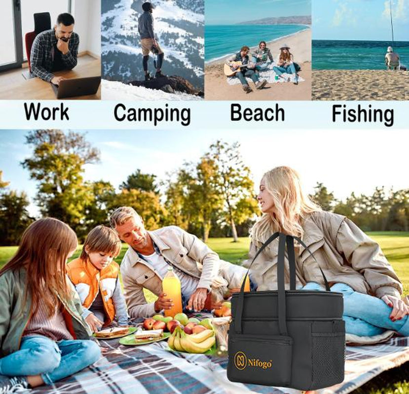 Nifogo Insulated Lunch Bag for Women Men Reusable Lunch Box for Office Picnic Hiking Beach Leakproof Cooler Tote Bag Organizer with Adjustable Shoulder Strap for Adults Black