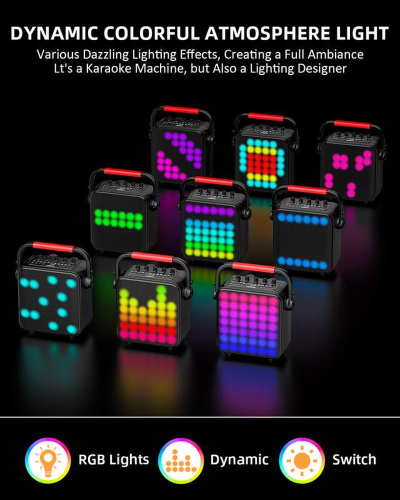 Karaoke Machine for Adults & Kids with Full-Screen LED Lights, Portable BT Speaker with 2 Microphones, Bass/Treble Adjustment, Supports TWS/FM/AUX/USB/TF Card for Home Party