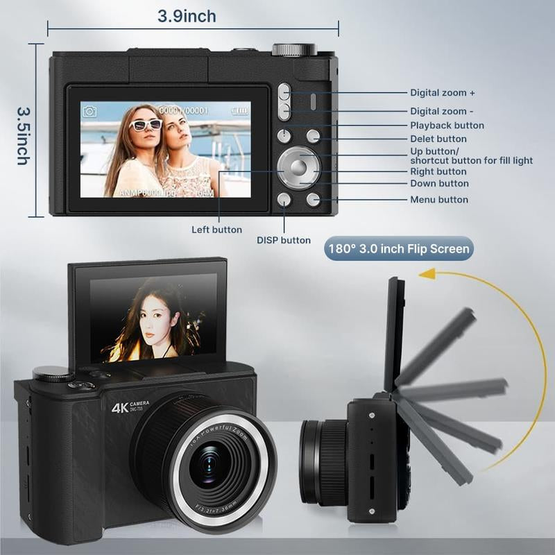 4K Digital Camera for Photography, Auto-Focus 64MP Vlogging Camera for Beginner with 2.4 Inch 180° Flip Screen, 18X Digital Zoom Point and Shoot Camera with 32GB Micro SD Card, Perfect Gifts for Halloween and Thanksgiving