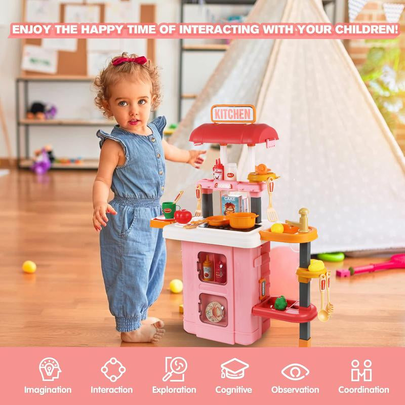 Play Kitchen Set for Kids, 25 Inch Kids Play Kitchen with Realistic Lights and Sounds Simulation of Spray, 43 Counts Toy Kitchen Set, Girls Boys Gift