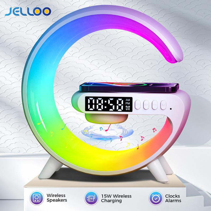 4 in 1 LED Table Lamp with 15W Wireless Charger BT Speaker 10 Adaptive Atmosphere Lights Alarm Clock Bedside Charging Lamp for Bedroom Office Home Decor