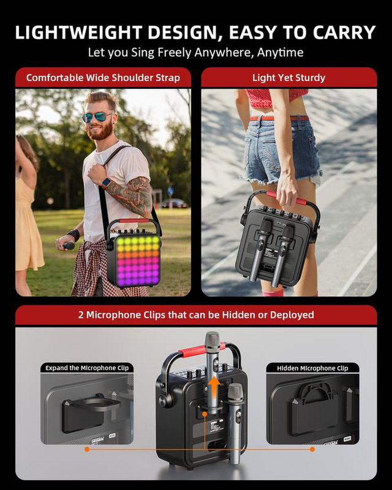 Karaoke Machine for Adults & Kids with Full-Screen LED Lights, Portable BT Speaker with 2 Microphones, Bass/Treble Adjustment, Supports TWS/FM/AUX/USB/TF Card for Home Party