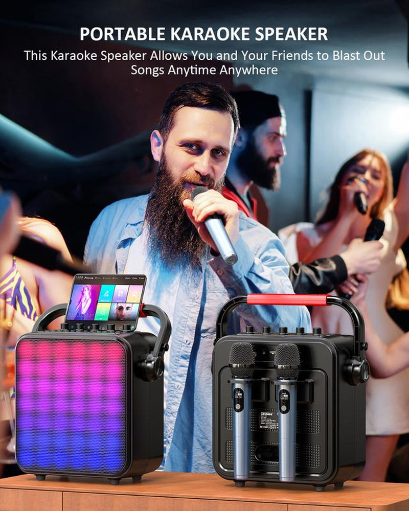 Karaoke Machine for Adults & Kids with Full-Screen LED Lights, Portable BT Speaker with 2 Microphones, Bass/Treble Adjustment, Supports TWS/FM/AUX/USB/TF Card for Home Party