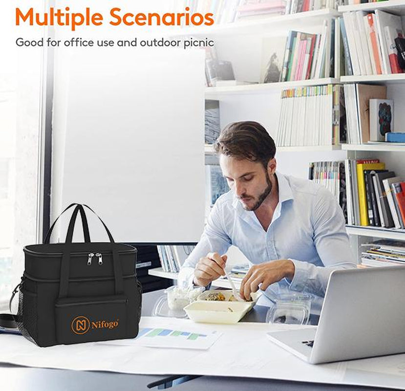 Nifogo Insulated Lunch Bag for Women Men Reusable Lunch Box for Office Picnic Hiking Beach Leakproof Cooler Tote Bag Organizer with Adjustable Shoulder Strap for Adults Black