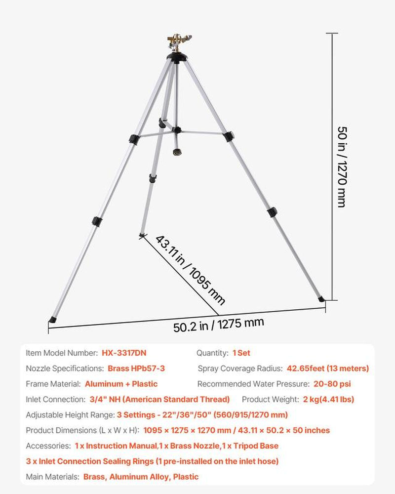 VEVOR Impact Sprinkler on Tripod Base, Heavy Duty Tripod Sprinklers with Brass Head & 3/4" Connector, 360 Degree Large Area Coverage Irrigation Sprinkler, Adjustable Heights Sprinkler for Yard Gray
