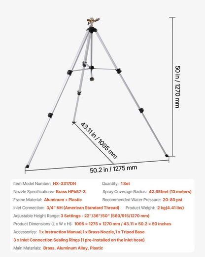 VEVOR Impact Sprinkler on Tripod Base, Heavy Duty Tripod Sprinklers with Brass Head & 3/4" Connector, 360 Degree Large Area Coverage Irrigation Sprinkler, Adjustable Heights Sprinkler for Yard Gray