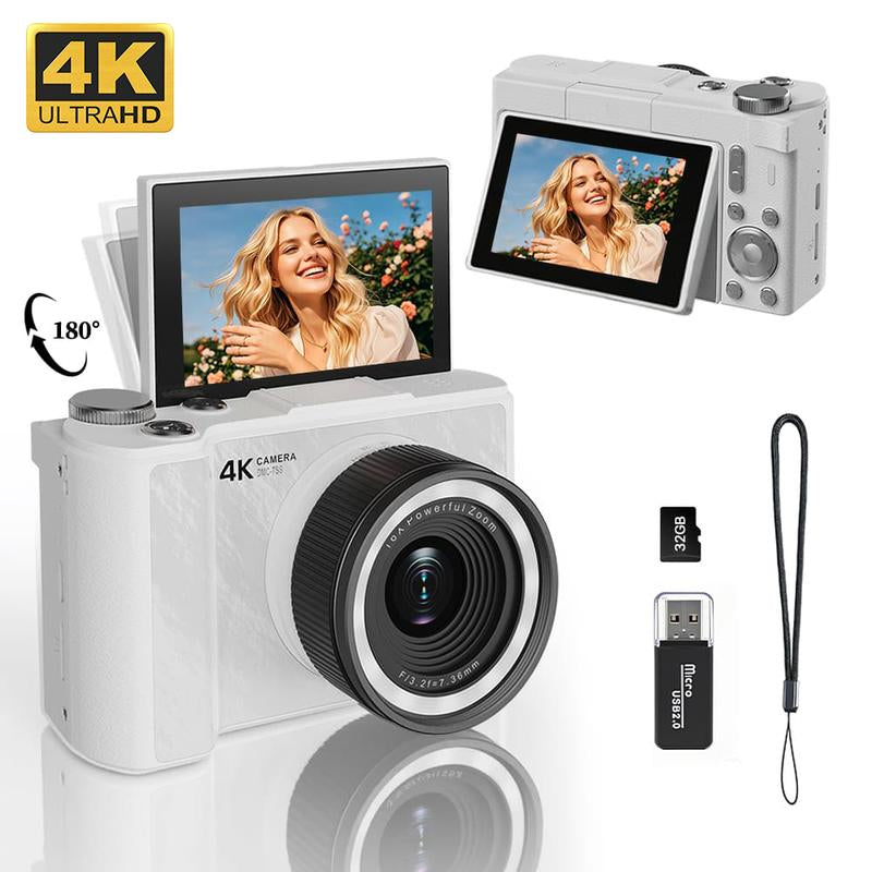 4K Digital Camera for Photography, Auto-Focus 64MP Vlogging Camera for Beginner with 2.4 Inch 180° Flip Screen, 18X Digital Zoom Point and Shoot Camera with 32GB Micro SD Card, Perfect Gifts for Halloween and Thanksgiving