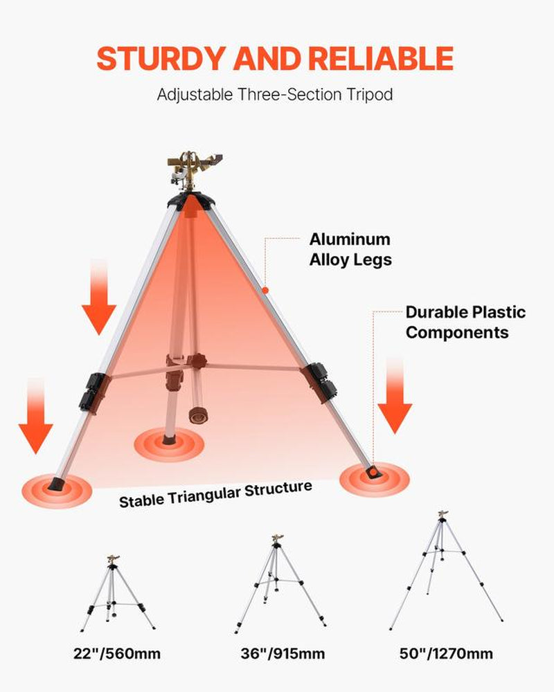 VEVOR Impact Sprinkler on Tripod Base, Heavy Duty Tripod Sprinklers with Brass Head & 3/4" Connector, 360 Degree Large Area Coverage Irrigation Sprinkler, Adjustable Heights Sprinkler for Yard Gray