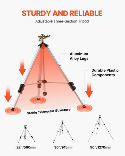 VEVOR Impact Sprinkler on Tripod Base, Heavy Duty Tripod Sprinklers with Brass Head & 3/4" Connector, 360 Degree Large Area Coverage Irrigation Sprinkler, Adjustable Heights Sprinkler for Yard Gray
