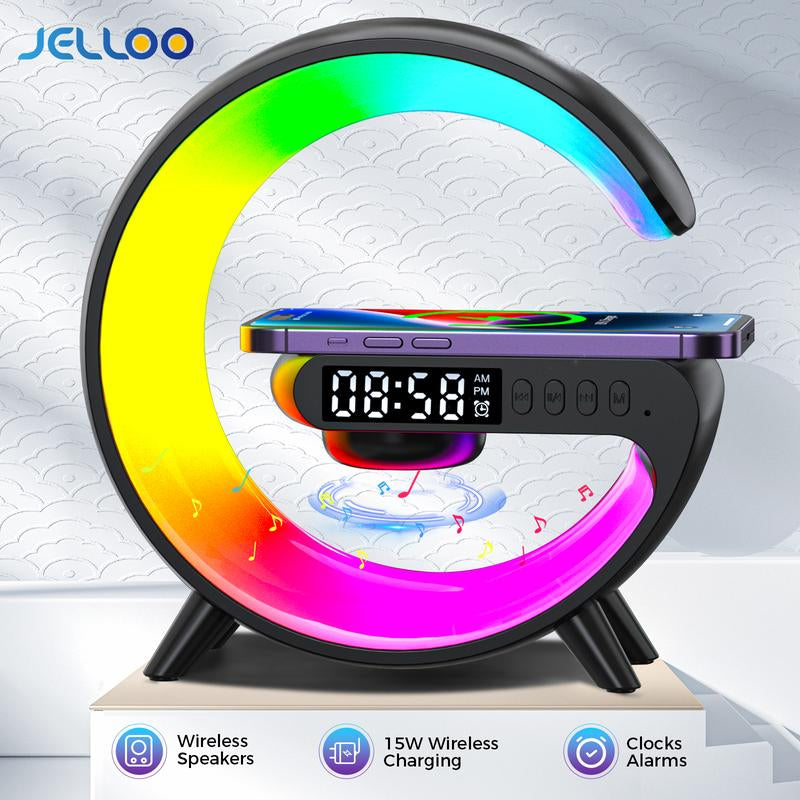 4 in 1 LED Table Lamp with 15W Wireless Charger BT Speaker 10 Adaptive Atmosphere Lights Alarm Clock Bedside Charging Lamp for Bedroom Office Home Decor