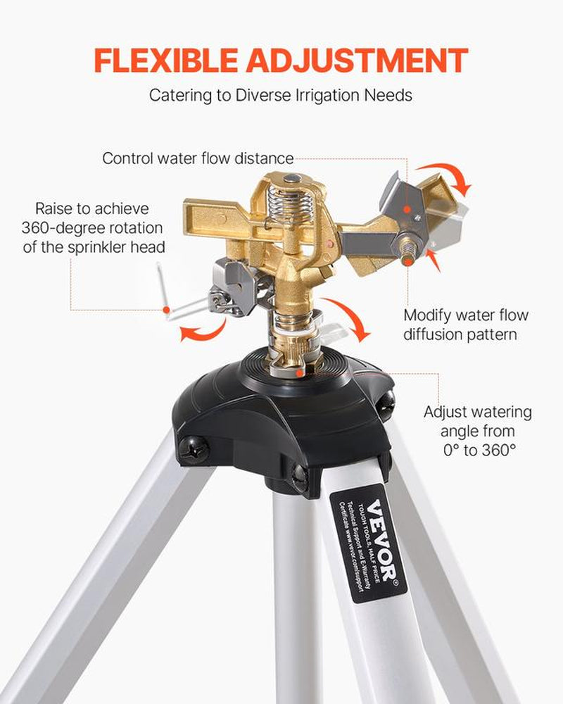 VEVOR Impact Sprinkler on Tripod Base, Heavy Duty Tripod Sprinklers with Brass Head & 3/4" Connector, 360 Degree Large Area Coverage Irrigation Sprinkler, Adjustable Heights Sprinkler for Yard Gray
