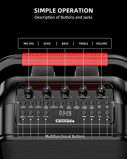 Karaoke Machine for Adults & Kids with Full-Screen LED Lights, Portable BT Speaker with 2 Microphones, Bass/Treble Adjustment, Supports TWS/FM/AUX/USB/TF Card for Home Party