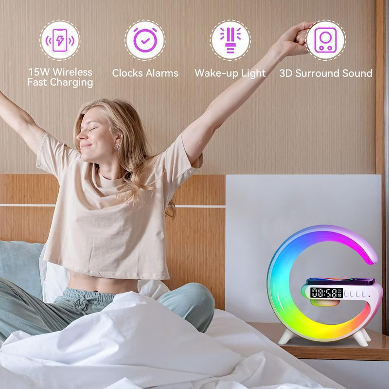 4 in 1 LED Table Lamp with 15W Wireless Charger BT Speaker 10 Adaptive Atmosphere Lights Alarm Clock Bedside Charging Lamp for Bedroom Office Home Decor