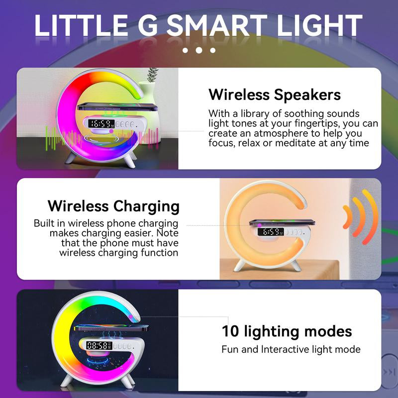 4 in 1 LED Table Lamp with 15W Wireless Charger BT Speaker 10 Adaptive Atmosphere Lights Alarm Clock Bedside Charging Lamp for Bedroom Office Home Decor