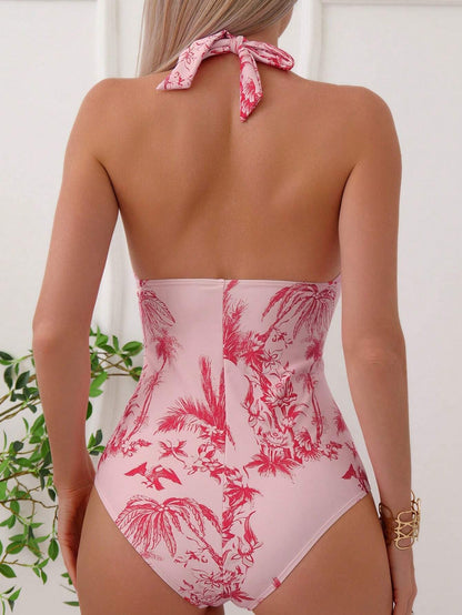 SHEIN Swim Summer Beach Tropical Print Halter One Piece Swimsuit