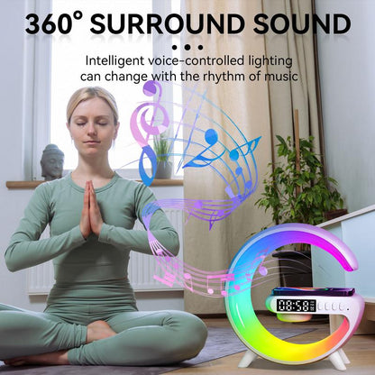 4 in 1 LED Table Lamp with 15W Wireless Charger BT Speaker 10 Adaptive Atmosphere Lights Alarm Clock Bedside Charging Lamp for Bedroom Office Home Decor