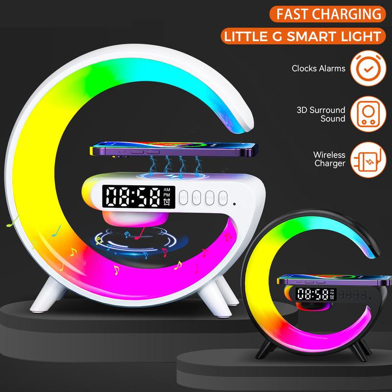 4 in 1 LED Table Lamp with 15W Wireless Charger BT Speaker 10 Adaptive Atmosphere Lights Alarm Clock Bedside Charging Lamp for Bedroom Office Home Decor