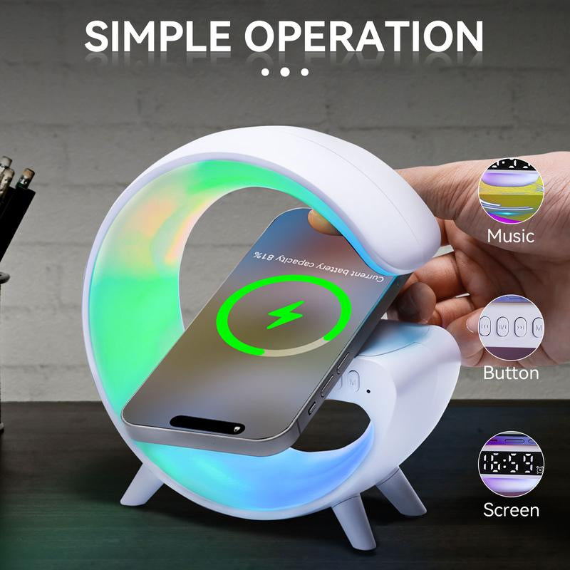 4 in 1 LED Table Lamp with 15W Wireless Charger BT Speaker 10 Adaptive Atmosphere Lights Alarm Clock Bedside Charging Lamp for Bedroom Office Home Decor