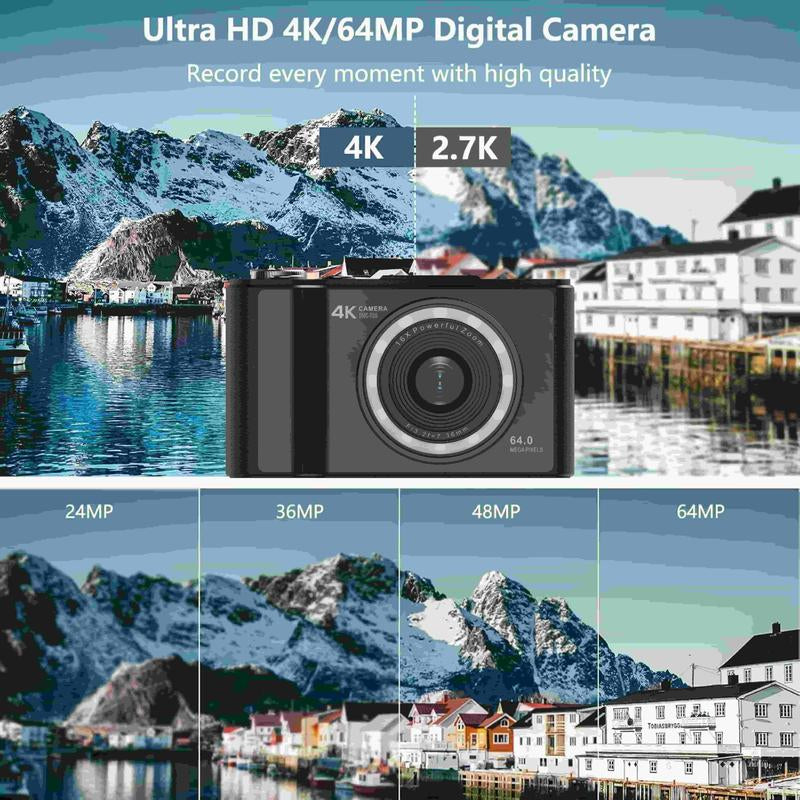 4K Digital Camera for Photography, Auto-Focus 64MP Vlogging Camera for Beginner with 2.4 Inch 180° Flip Screen, 18X Digital Zoom Point and Shoot Camera with 32GB Micro SD Card, Perfect Gifts for Halloween and Thanksgiving