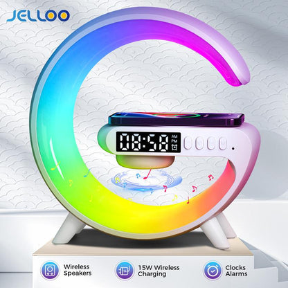4 in 1 LED Table Lamp with 15W Wireless Charger BT Speaker 10 Adaptive Atmosphere Lights Alarm Clock Bedside Charging Lamp for Bedroom Office Home Decor