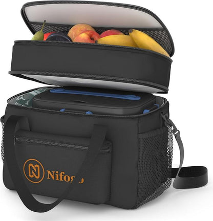 Nifogo Insulated Lunch Bag for Women Men Reusable Lunch Box for Office Picnic Hiking Beach Leakproof Cooler Tote Bag Organizer with Adjustable Shoulder Strap for Adults Black