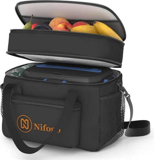 Nifogo Insulated Lunch Bag for Women Men Reusable Lunch Box for Office Picnic Hiking Beach Leakproof Cooler Tote Bag Organizer with Adjustable Shoulder Strap for Adults Black