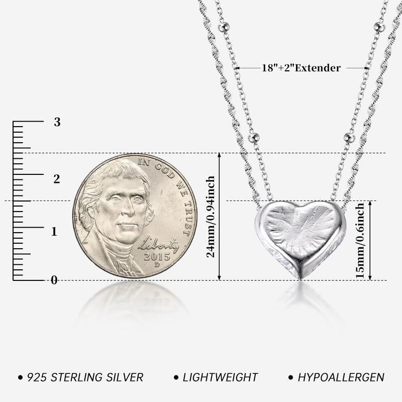 S925 Heart Pendant Necklace - Sterling Silver with Platinum Plating, 18" Chain, 0.6" Pendant, Gift, Hypoallergenic & Tarnish-Resistant