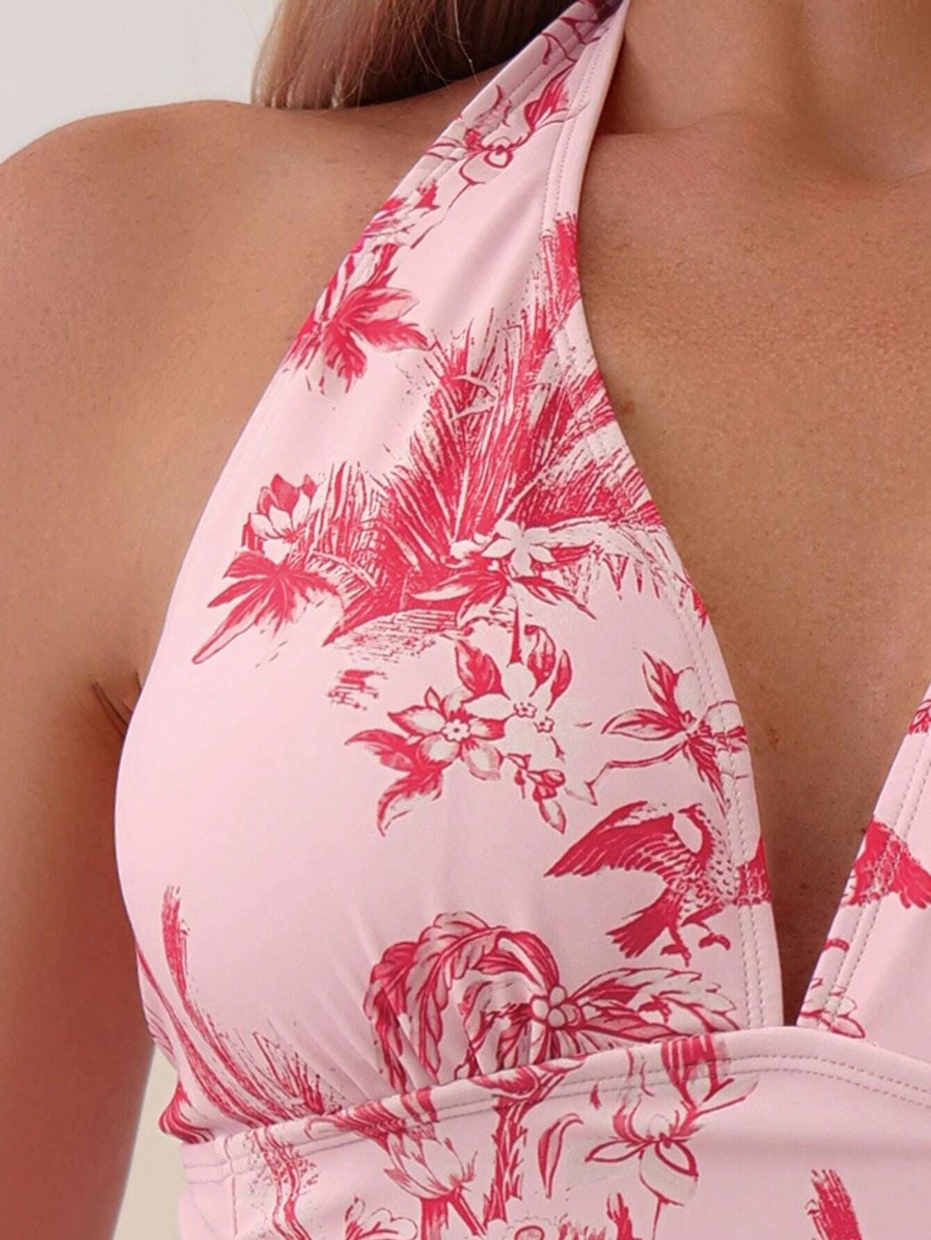 SHEIN Swim Summer Beach Tropical Print Halter One Piece Swimsuit