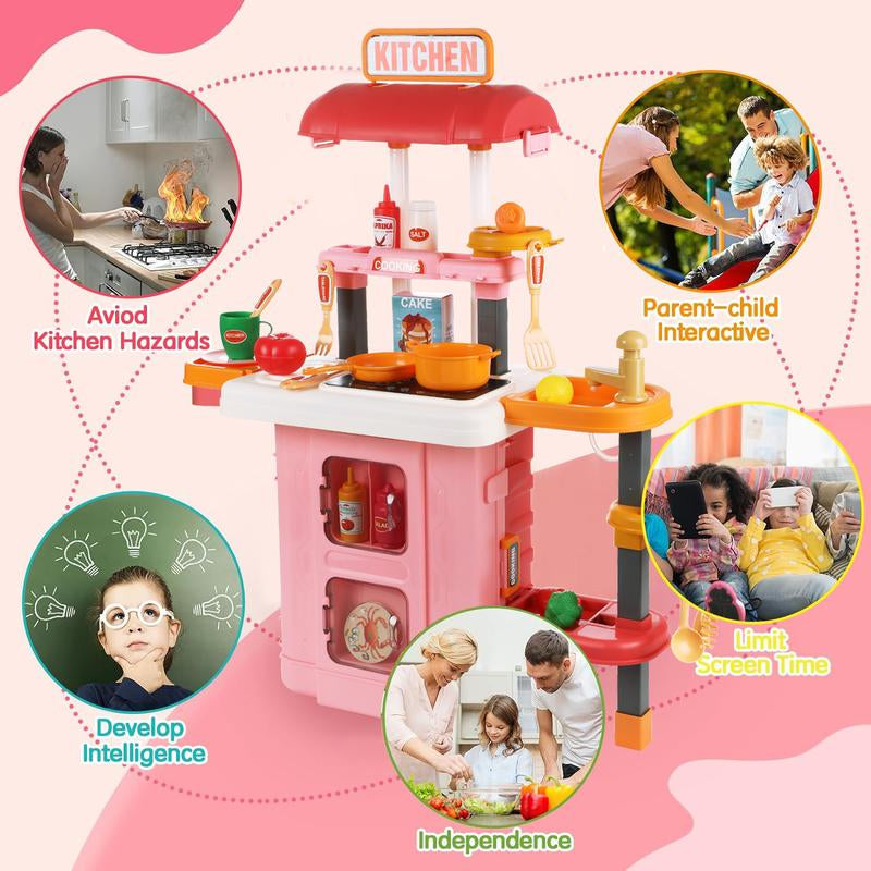 Play Kitchen Set for Kids, 25 Inch Kids Play Kitchen with Realistic Lights and Sounds Simulation of Spray, 43 Counts Toy Kitchen Set, Girls Boys Gift