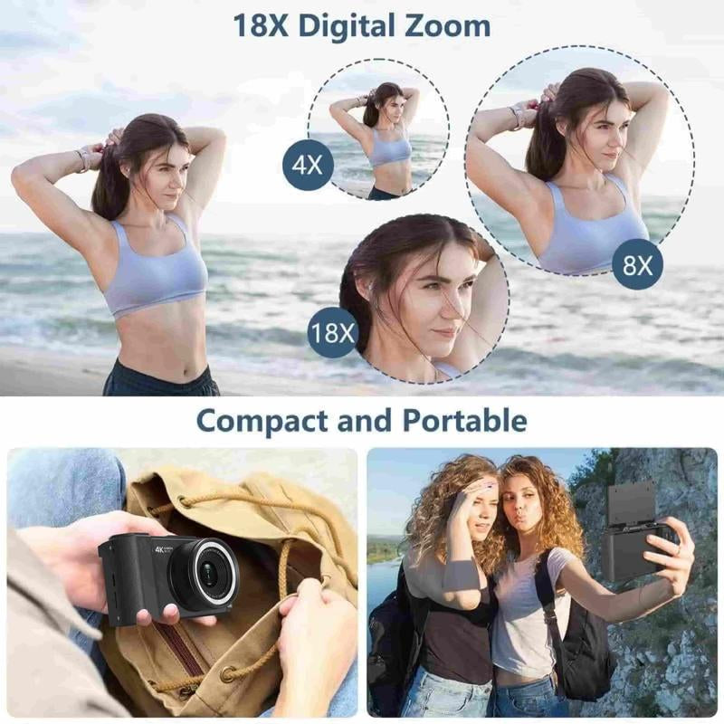 4K Digital Camera for Photography, Auto-Focus 64MP Vlogging Camera for Beginner with 2.4 Inch 180° Flip Screen, 18X Digital Zoom Point and Shoot Camera with 32GB Micro SD Card, Perfect Gifts for Halloween and Thanksgiving