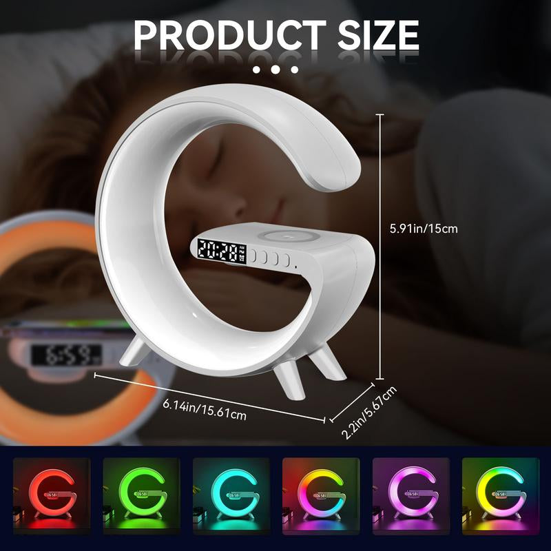 4 in 1 LED Table Lamp with 15W Wireless Charger BT Speaker 10 Adaptive Atmosphere Lights Alarm Clock Bedside Charging Lamp for Bedroom Office Home Decor