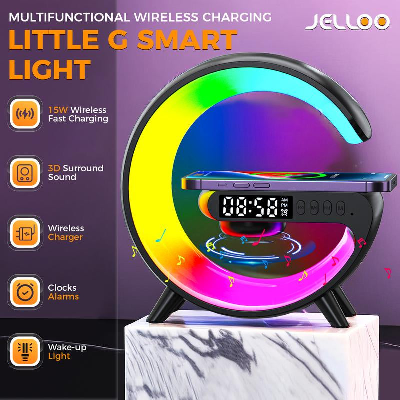 4 in 1 LED Table Lamp with 15W Wireless Charger BT Speaker 10 Adaptive Atmosphere Lights Alarm Clock Bedside Charging Lamp for Bedroom Office Home Decor