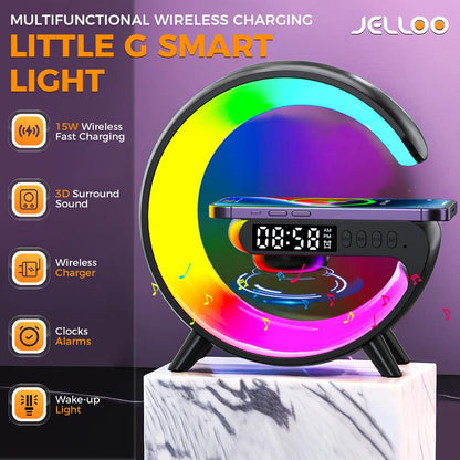 4 in 1 LED Table Lamp with 15W Wireless Charger BT Speaker 10 Adaptive Atmosphere Lights Alarm Clock Bedside Charging Lamp for Bedroom Office Home Decor