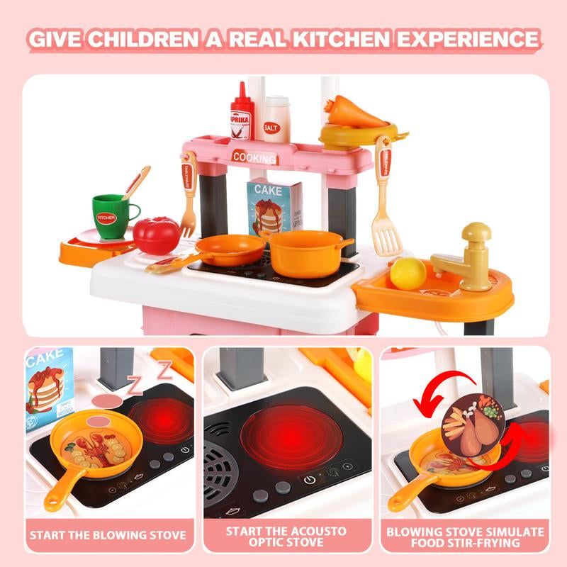Play Kitchen Set for Kids, 25 Inch Kids Play Kitchen with Realistic Lights and Sounds Simulation of Spray, 43 Counts Toy Kitchen Set, Girls Boys Gift