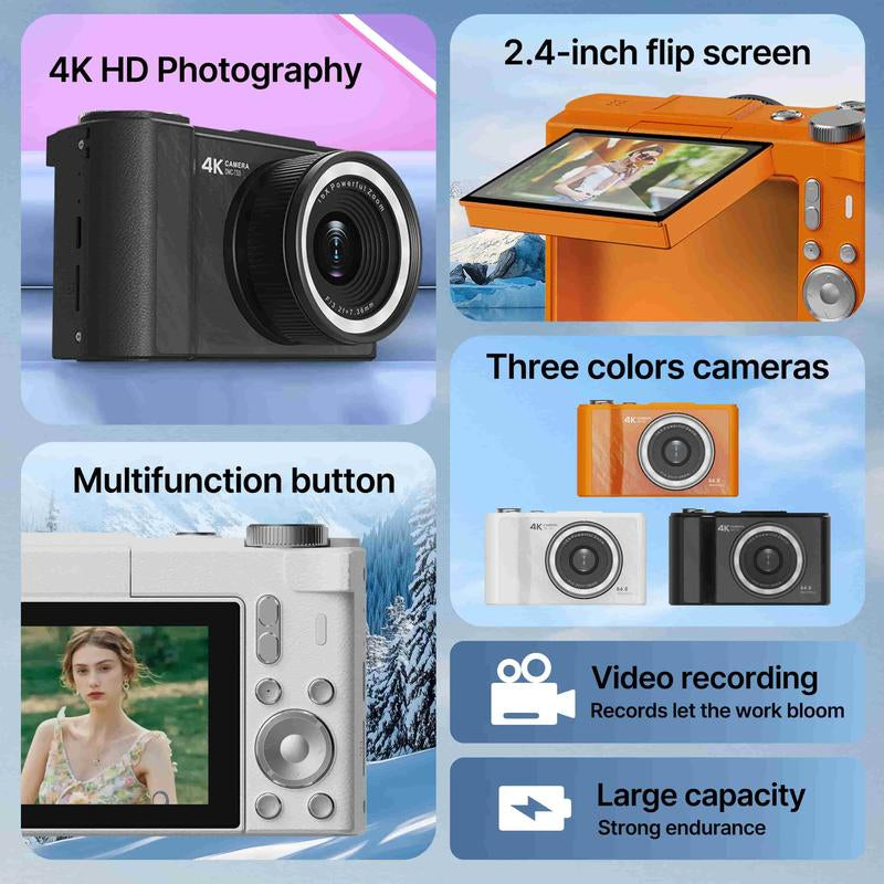 4K Digital Camera for Photography, Auto-Focus 64MP Vlogging Camera for Beginner with 2.4 Inch 180° Flip Screen, 18X Digital Zoom Point and Shoot Camera with 32GB Micro SD Card, Perfect Gifts for Halloween and Thanksgiving