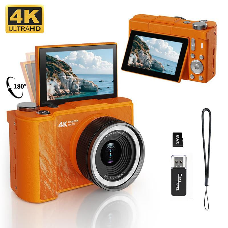 4K Digital Camera for Photography, Auto-Focus 64MP Vlogging Camera for Beginner with 2.4 Inch 180° Flip Screen, 18X Digital Zoom Point and Shoot Camera with 32GB Micro SD Card, Perfect Gifts for Halloween and Thanksgiving